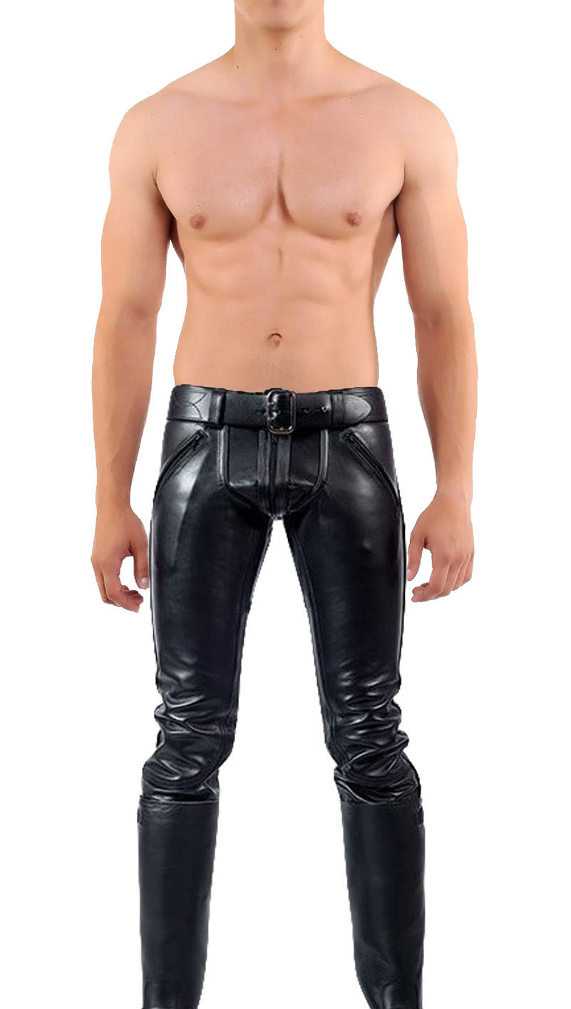 Men's Real Leather Bikers Pants Double Zips Pants With Or Without Back Zip BLUF Pants