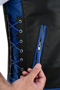 MEN'S REAL LEATHER VEST BIKERS VEST WITH QUILTED PANELS BLACK & BLUE BIKERS VEST