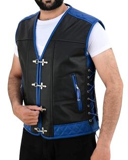 MEN'S REAL LEATHER VEST BIKERS VEST WITH QUILTED PANELS BLACK & BLUE BIKERS VEST