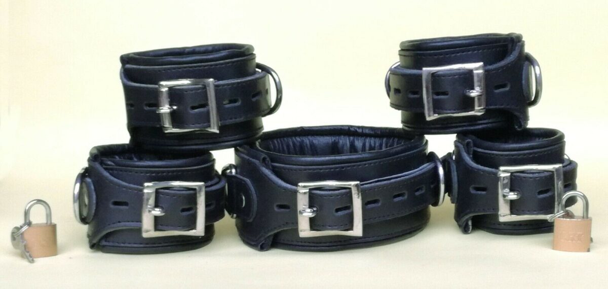 Real Leather 5 Pieces Heavy Duty Padded Bondage Restraint Set With Free Padlocks