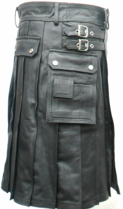 Men’s Real Leather Utility Kilt Clubwear Kilt With Cargo Pockets