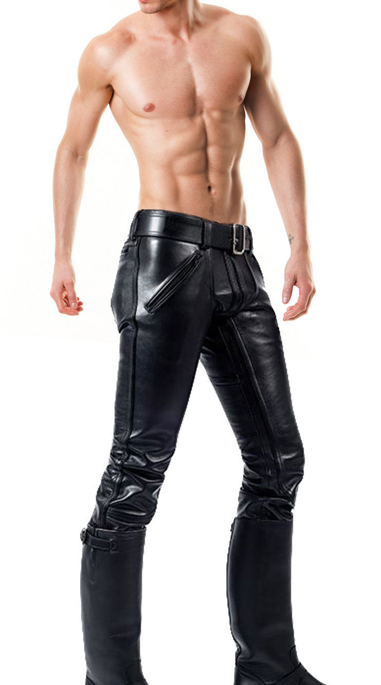 Men's Real Leather Bikers Pants Double Zips Pants With Or Without Back Zip BLUF Pants