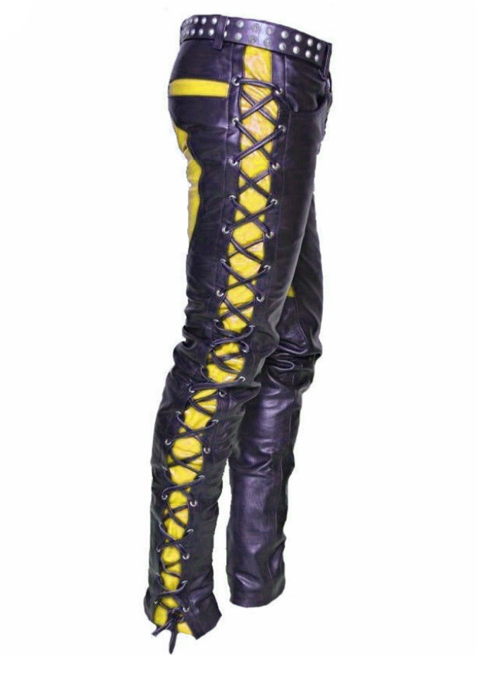Men's Front And Side Laces Up Bikers Pants Contrast Leather Bikers Trousers