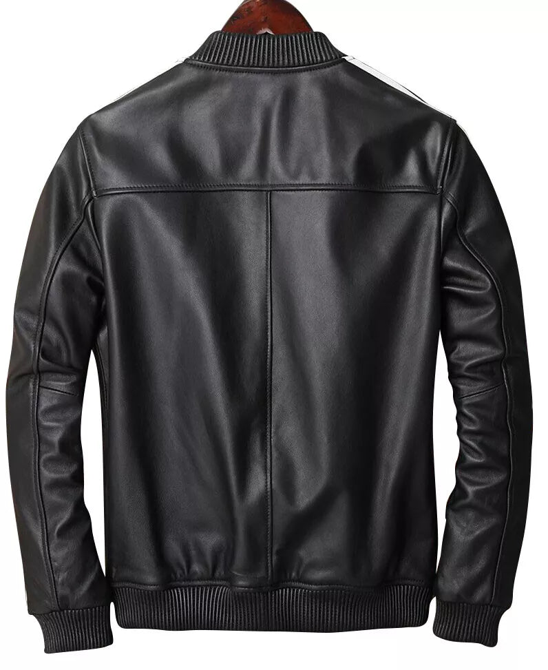Men's Real Lamb Leather Bomber Jacket Stretchable Collar ,Cuffs & Waist & White Leather Stripes: