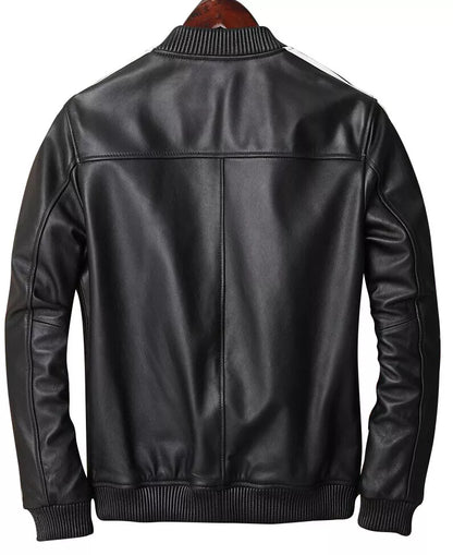 Men's Real Lamb Leather Bomber Jacket Stretchable Collar ,Cuffs & Waist & White Leather Stripes: