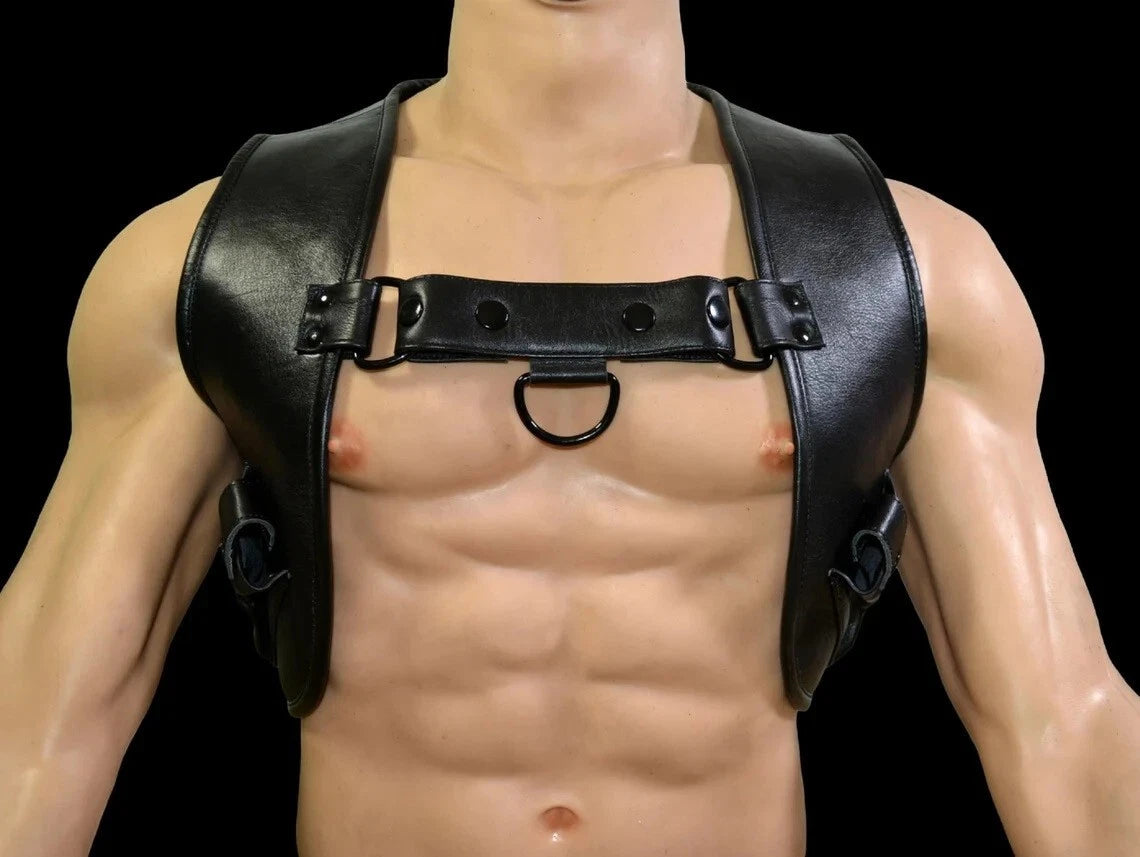 Men’s Real Thick Cowhide Leather Cropped Body Harness Buttons Closure & Pockets