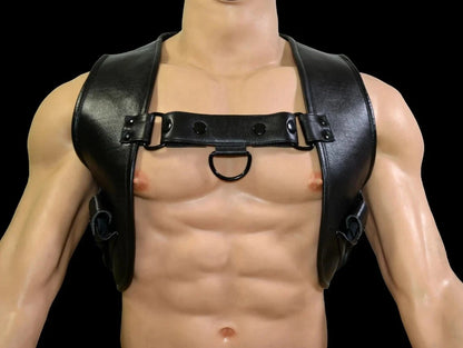 Men’s Real Thick Cowhide Leather Cropped Body Harness Buttons Closure & Pockets