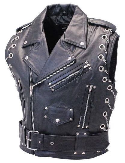 Men's Real Leather Bikers Vest Brando Vest With Metal Chains Bikers Leather Vest