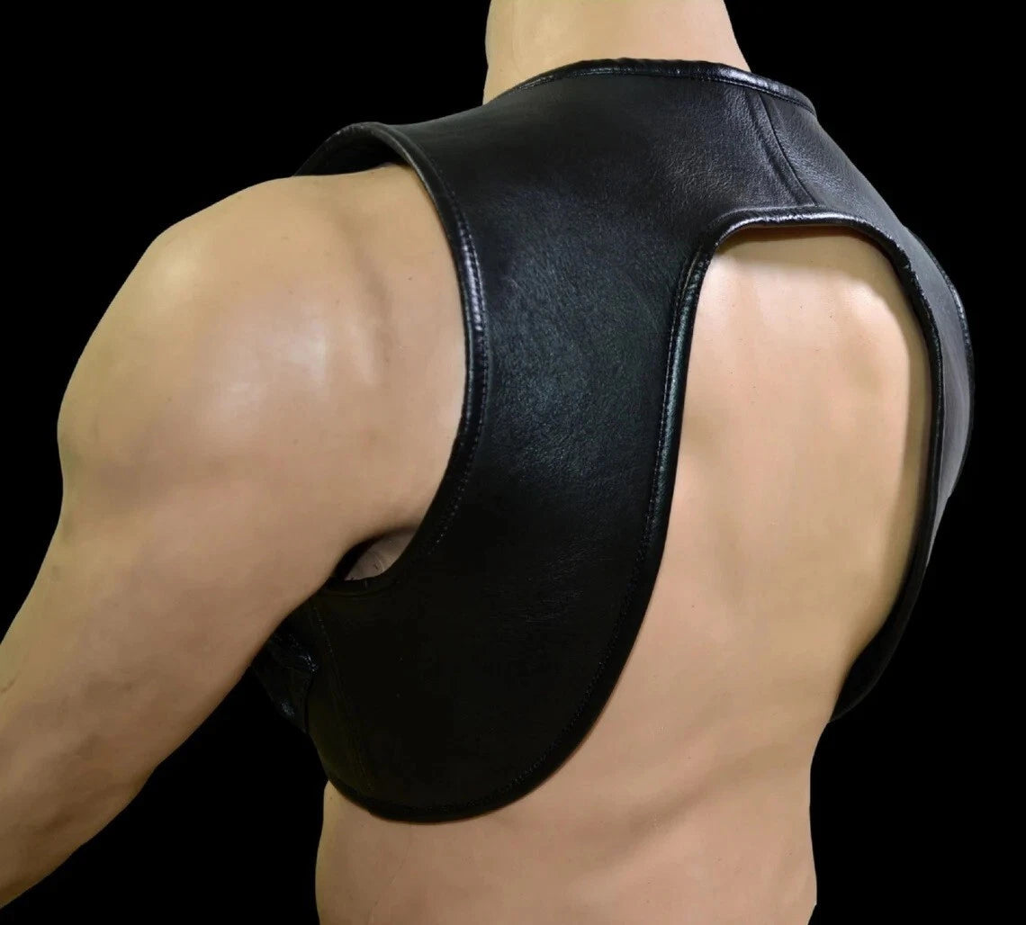 Men’s Real Thick Cowhide Leather Cropped Body Harness Buttons Closure & Pockets