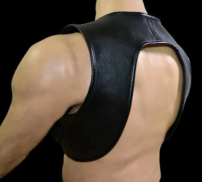 Men’s Real Thick Cowhide Leather Cropped Body Harness Buttons Closure & Pockets