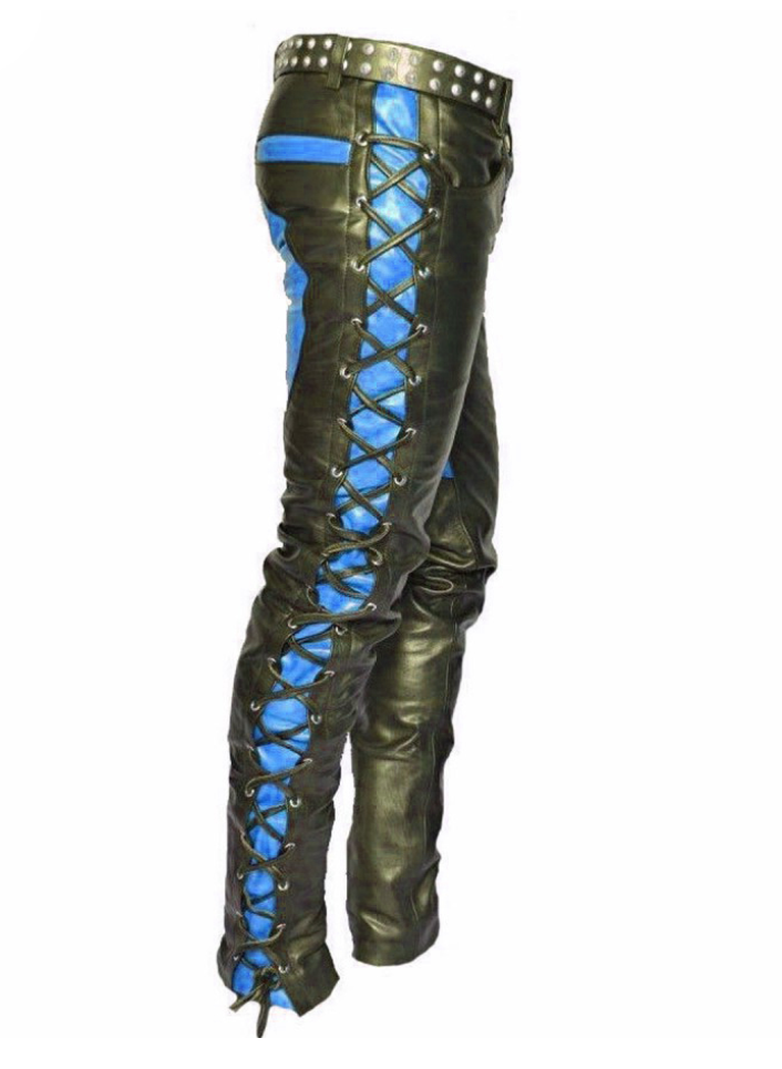Men's Front And Side Laces Up Bikers Pants Contrast Leather Bikers Trousers