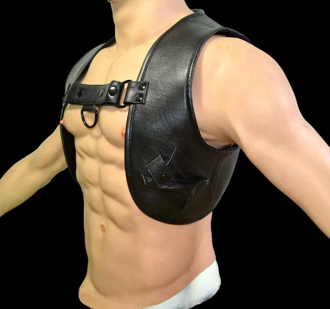 Men’s Real Thick Cowhide Leather Cropped Body Harness Buttons Closure & Pockets
