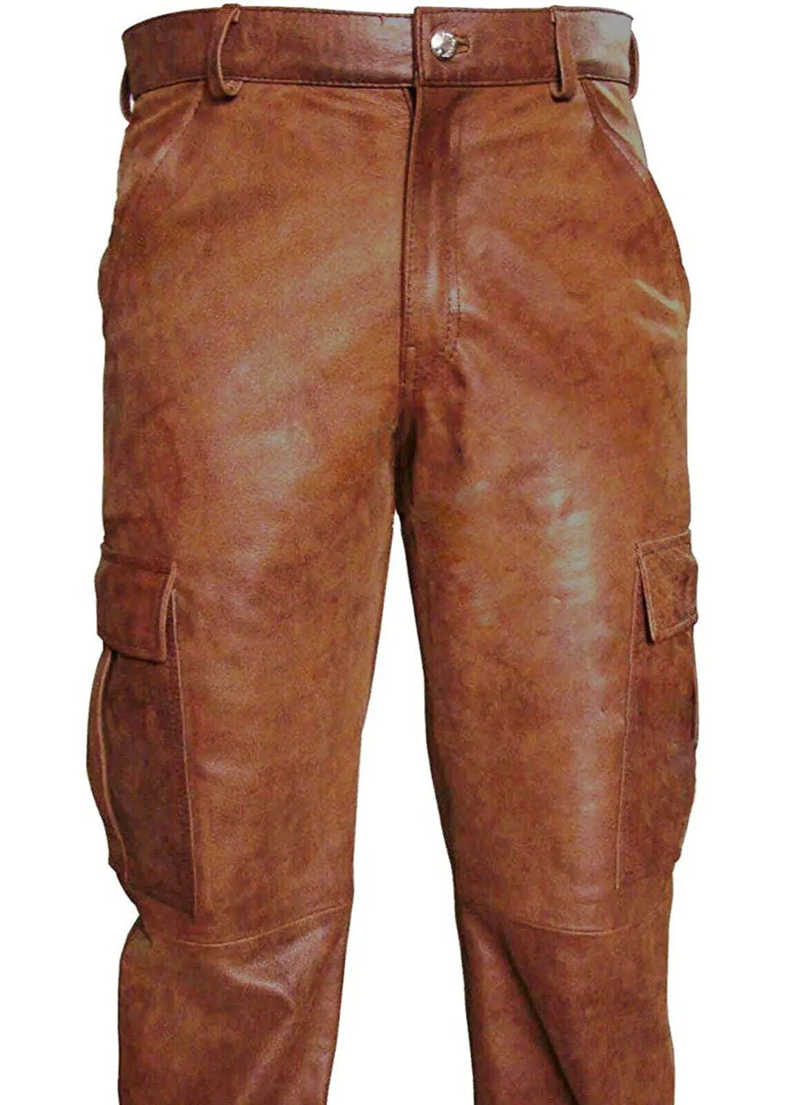 Men's Real Natural Grain Cowhide Vintage Leather Cargo Pants Bikers Pants