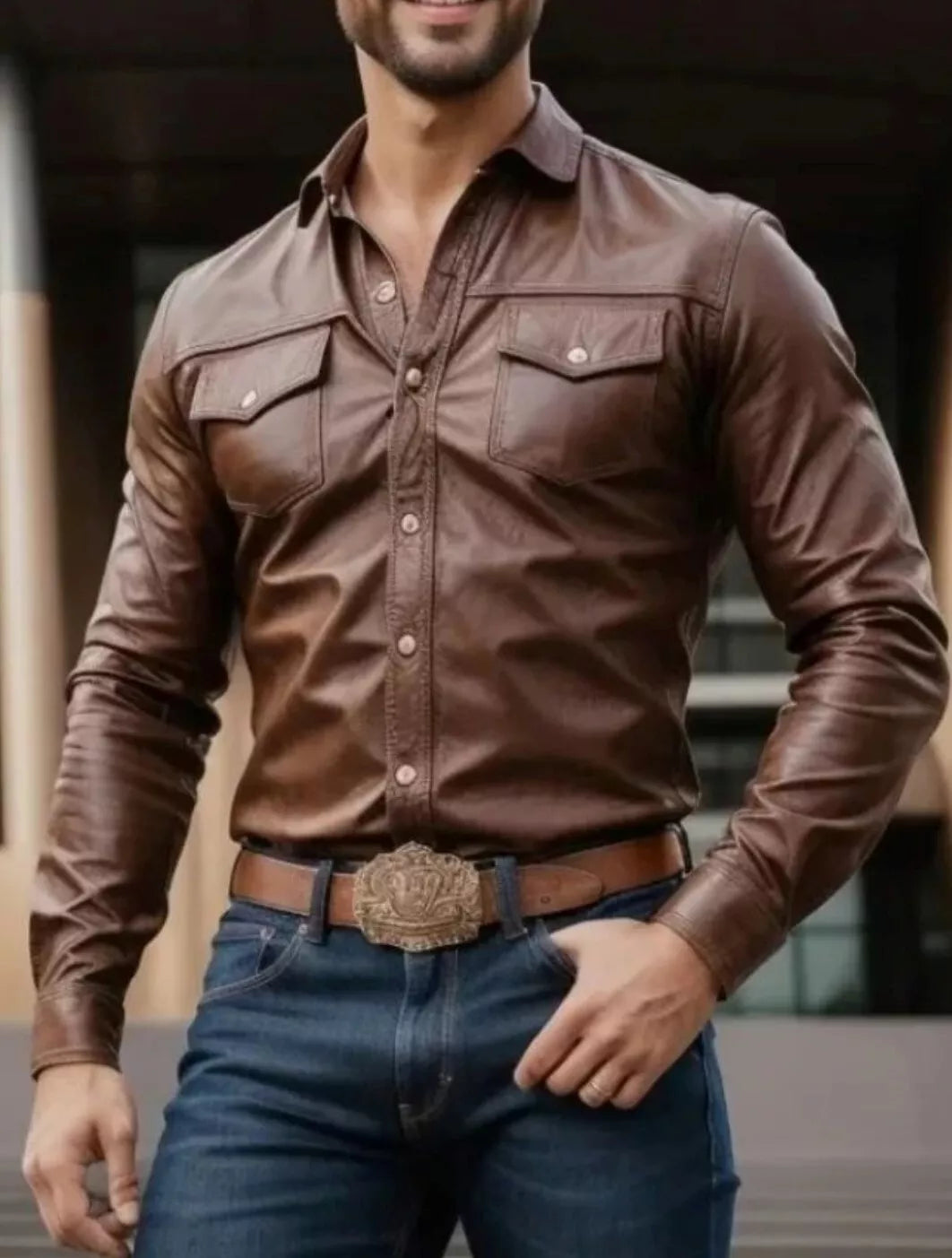 Men's Real Lamb Brown Leather Full Sleeves Chest Pockets Western Leather Shirt