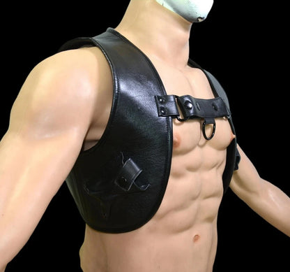 Men’s Real Thick Cowhide Leather Cropped Body Harness Buttons Closure & Pockets