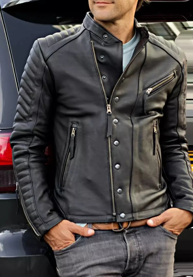Men's Real Leather Quilted Panels Bikers Jacket Thick Leather Bikers Jacket
