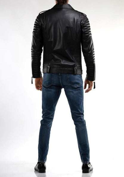 REAL LAMB LEATHER BIKERS QUILTED PANELS JACKET BRANDO JACKET