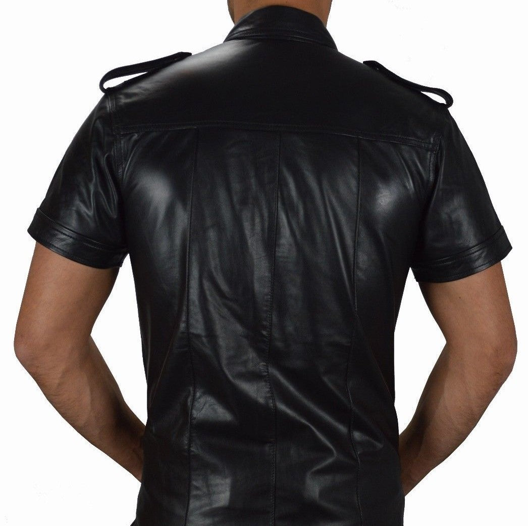 Men's Real Leather Police Shirt Soft Lamb Leather Gay Leather Shirt