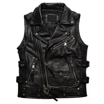 MEN'S REAL COW LEATHER BIKERS VEST WITH QUILTED & STRECHABLE PANELS BIKERS VEST