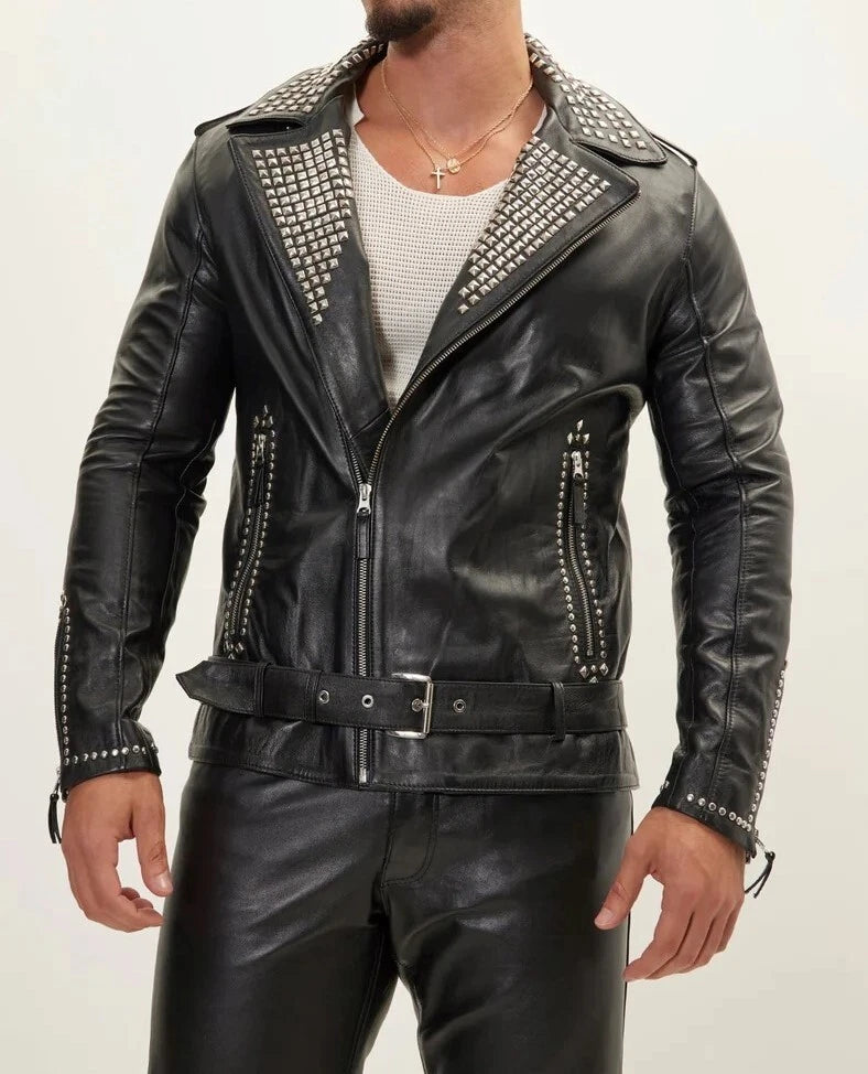 Men's Real Cowhide Leather Sliver Studded Bikers Jacket Brando Bikers Jacket