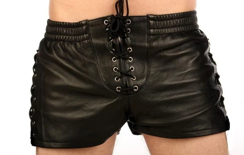 Men's Real Cowhide Leather Lace Up Closure Side Laces & Elastic Belt Shorts