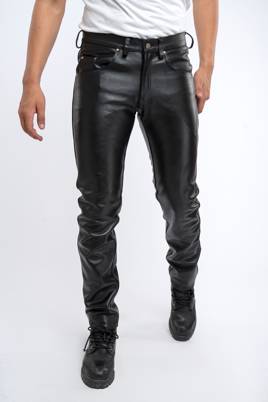 Men's Real Leather Bikers Pants 5 Pockets Pants 501 Style Leather Jeans Pants