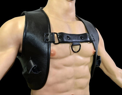 Men’s Real Thick Cowhide Leather Cropped Body Harness Buttons Closure & Pockets