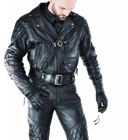 REAL NATURAL COW LEATHER BIKERS QUILTED FRONT & BACK PANELS JACKET