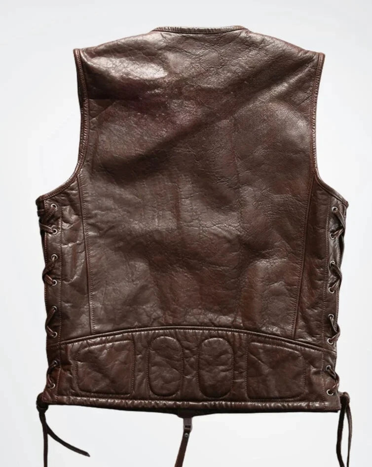 MEN'S REAL COWHIDE LEATHER BIKERS VEST WITH QUILTED PANELS & SIDE LACES VEST