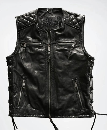MEN'S REAL COWHIDE LEATHER BIKERS VEST WITH QUILTED PANELS & SIDE LACES VEST