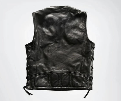 MEN'S REAL COWHIDE LEATHER BIKERS VEST WITH QUILTED PANELS & SIDE LACES VEST