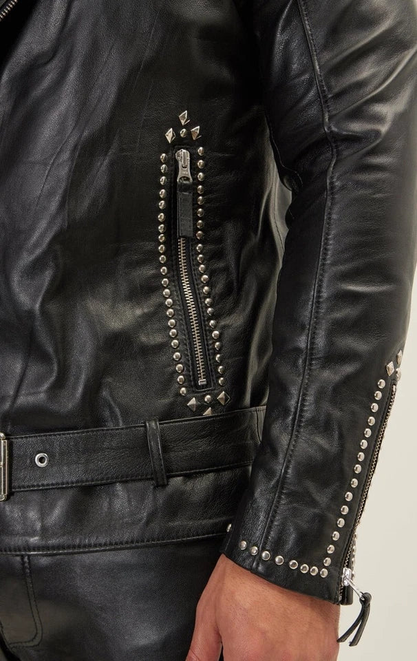 Men's Real Cowhide Leather Sliver Studded Bikers Jacket Brando Bikers Jacket