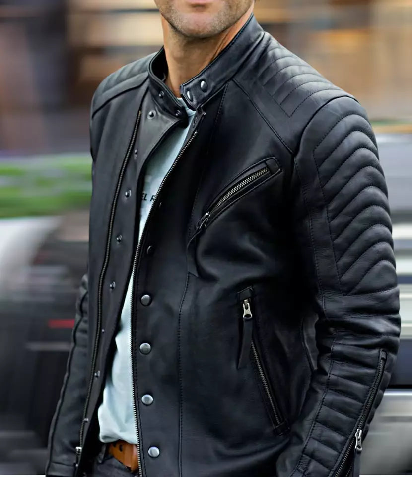 Men's Real Leather Quilted Panels Bikers Jacket Thick Leather Bikers Jacket