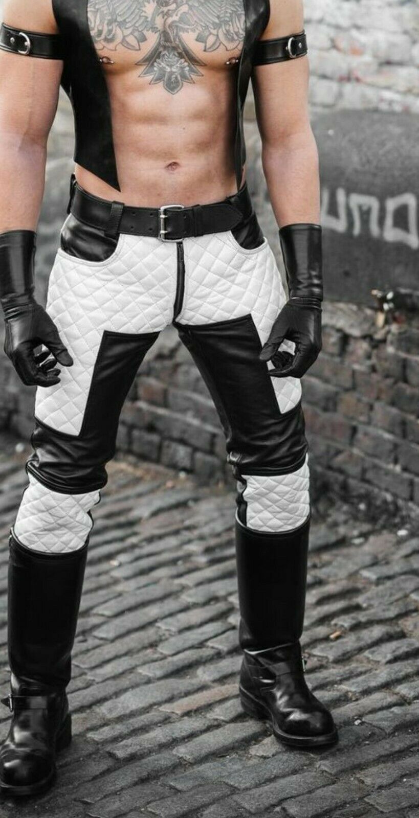Men Real Leather Bikers Pants Black & White Quilted Panels Bikers Pants