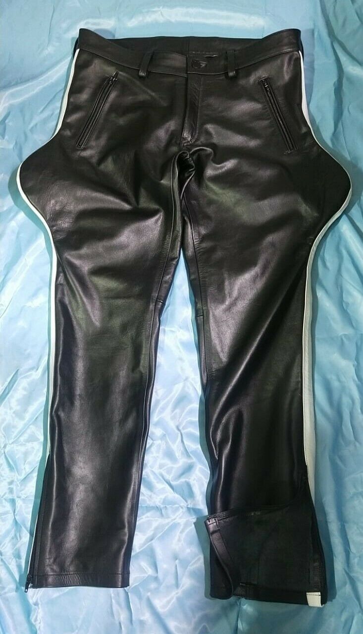 Men’s Real Leather Breeches – Jodhpurs Black Leather Breeches With White Stripes