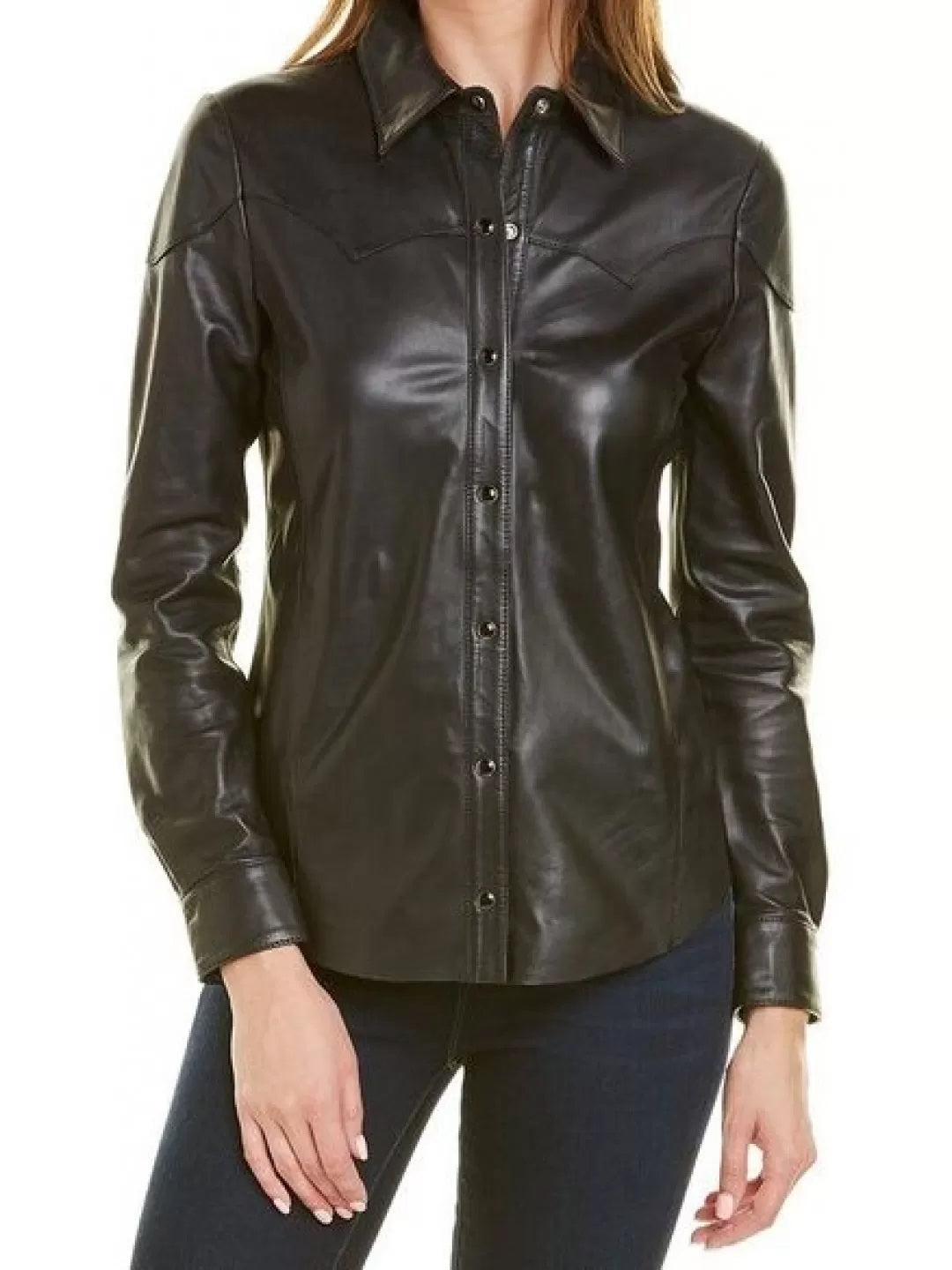 Women's Real Lamb Leather Shirt Slim Fit Snap Buttons Leather Shirt In 4 Colors