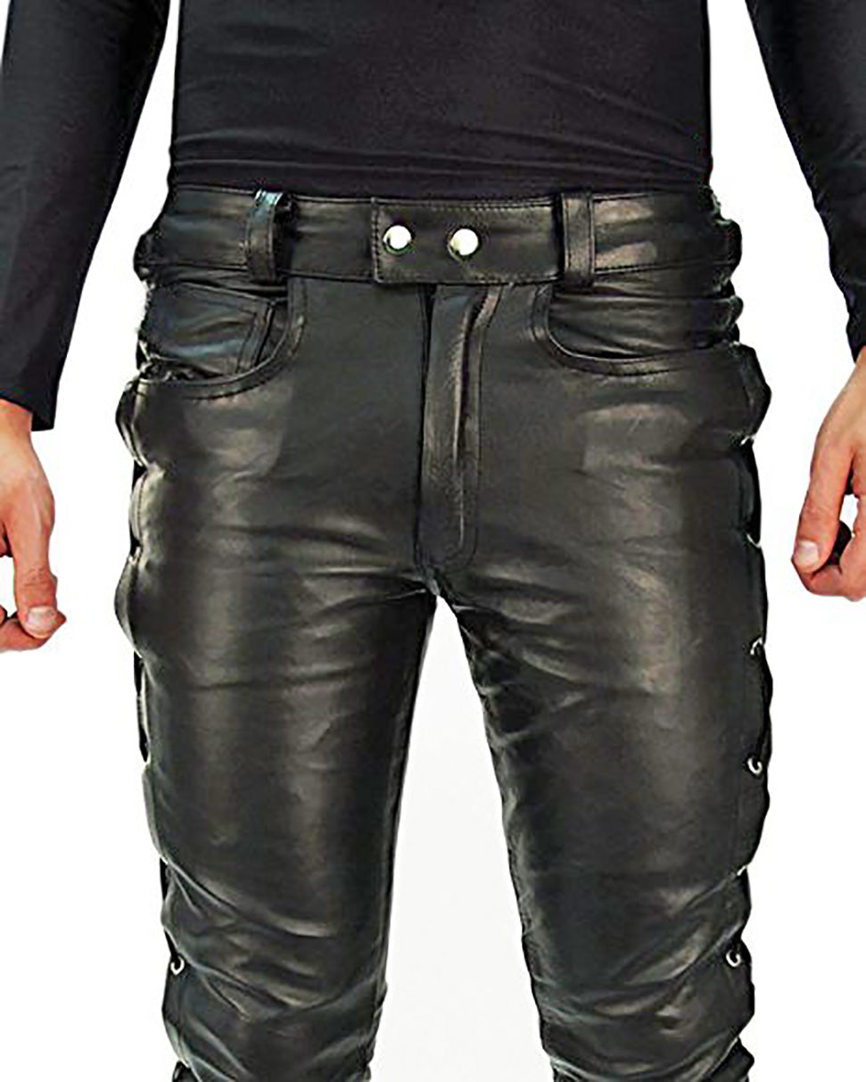 Men's Real Cowhide Leather Bikers Laces Up Pants 5 Pockets Bikers Laces Up Pants