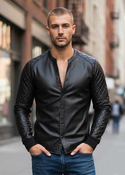 Men's Real Lamb Leather Full Sleeves Quilted Panels Shirt