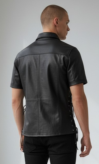 MEN'S REAL LAMB LEATHER SHORT SLEEVES SIDE LACES SHIRT