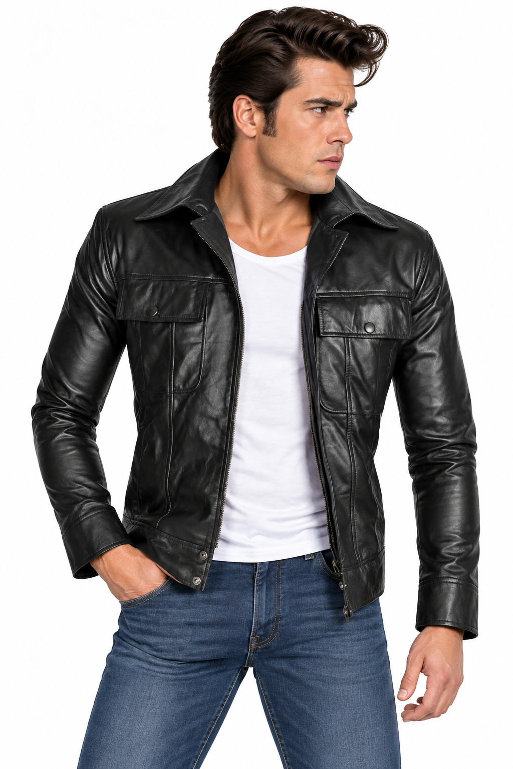 Men's Elvis Presley-Inspired Black Lamb Leather Jacket (Shirt Collar) - image 1