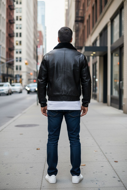 MEN'S REAL LEATHER BOMBER/FLYING JACKET WITH DETACHABLE FAUX FUR COLLAR