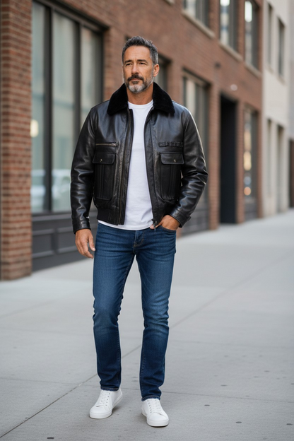 MEN'S REAL LEATHER BOMBER/FLYING JACKET WITH DETACHABLE FAUX FUR COLLAR