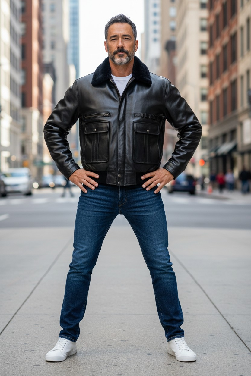 MEN'S REAL LEATHER BOMBER/FLYING JACKET WITH DETACHABLE FAUX FUR COLLAR