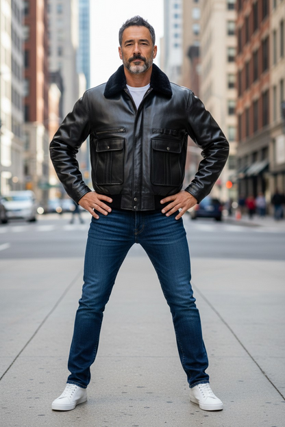 MEN'S REAL LEATHER BOMBER/FLYING JACKET WITH DETACHABLE FAUX FUR COLLAR