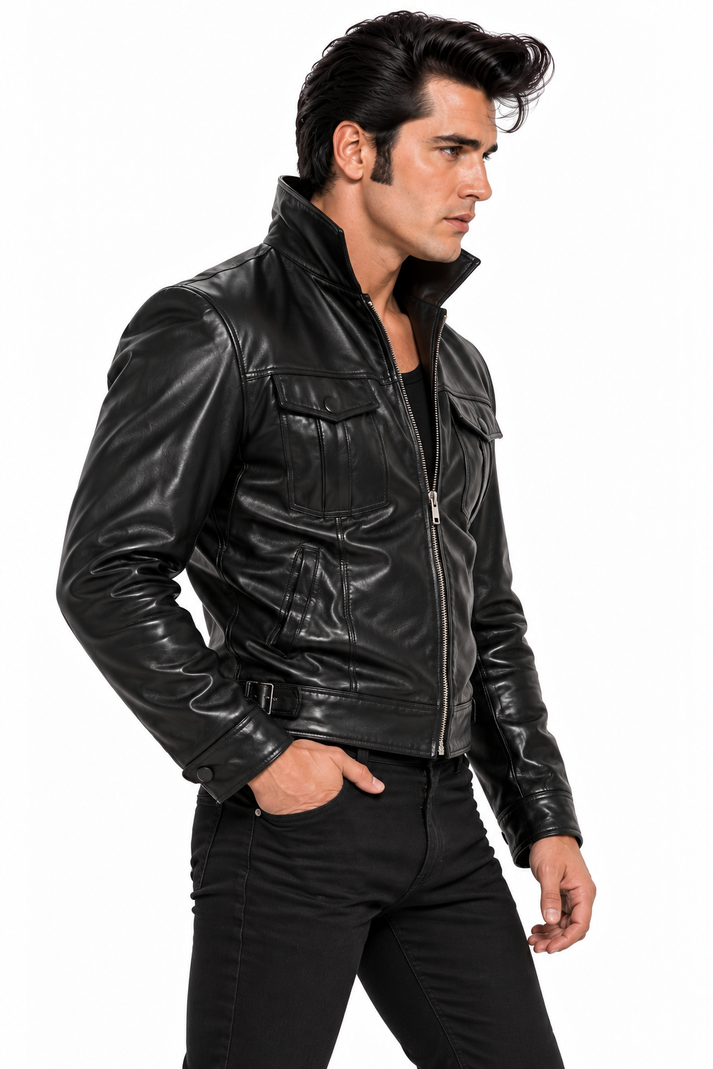 Men's Elvis Presley-Inspired Black Lamb Leather Jacket (Stand-Up Collar) - image 1