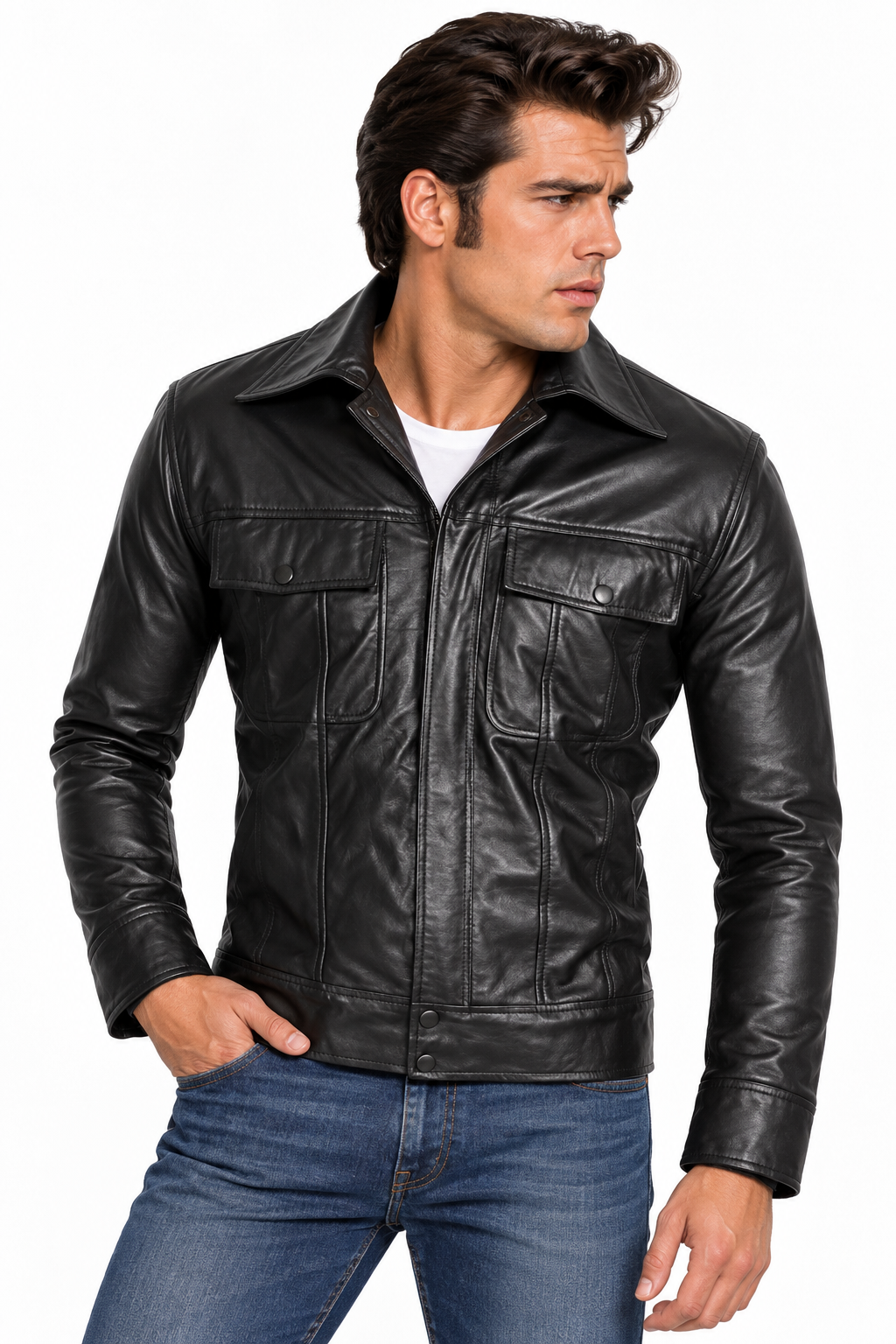 Men's Elvis Presley-Inspired Black Lamb Leather Jacket (Shirt Collar) - image 2