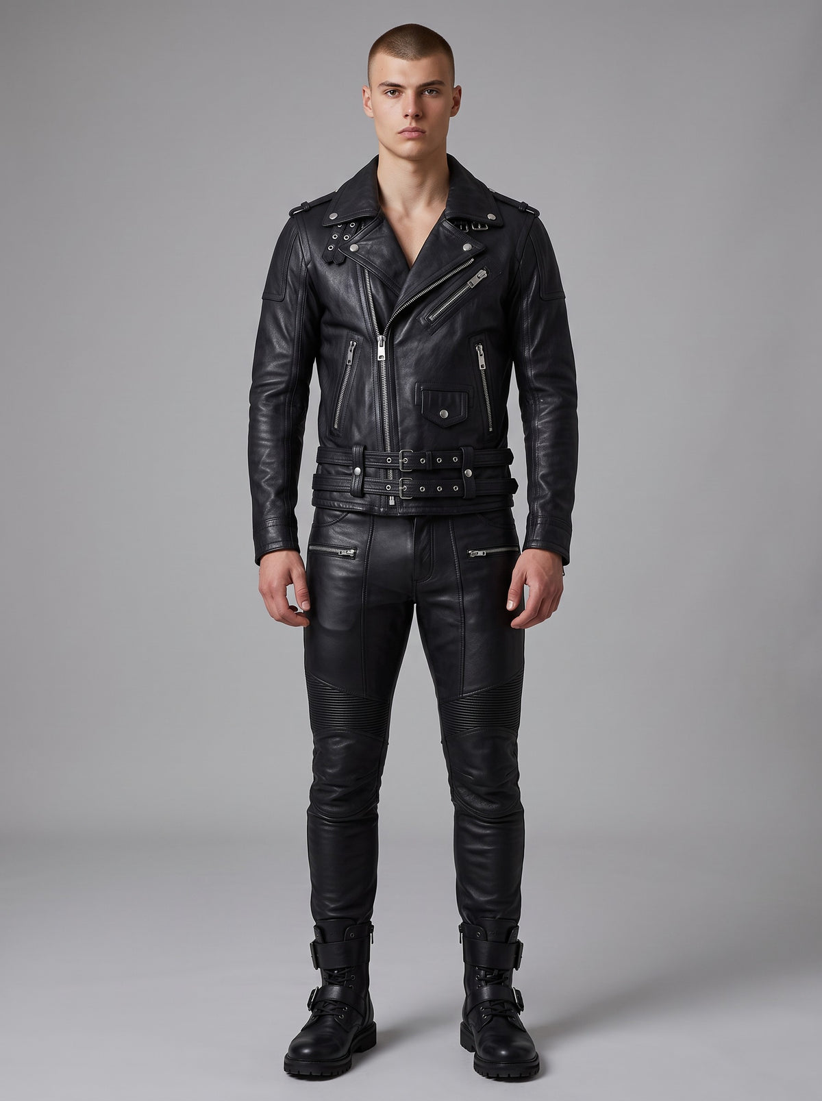 Men's Double-Belt Cowhide Leather Biker Jacket - image 2