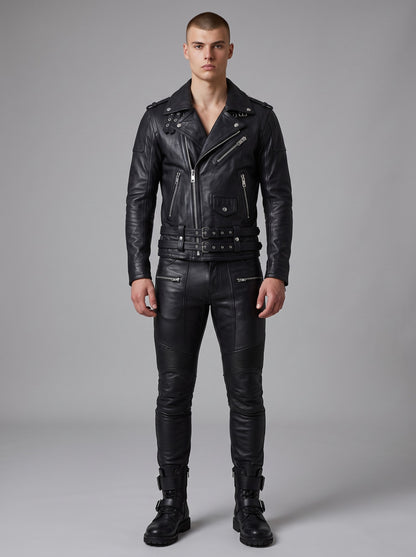 Men's Double-Belt Cowhide Leather Biker Jacket - image 2