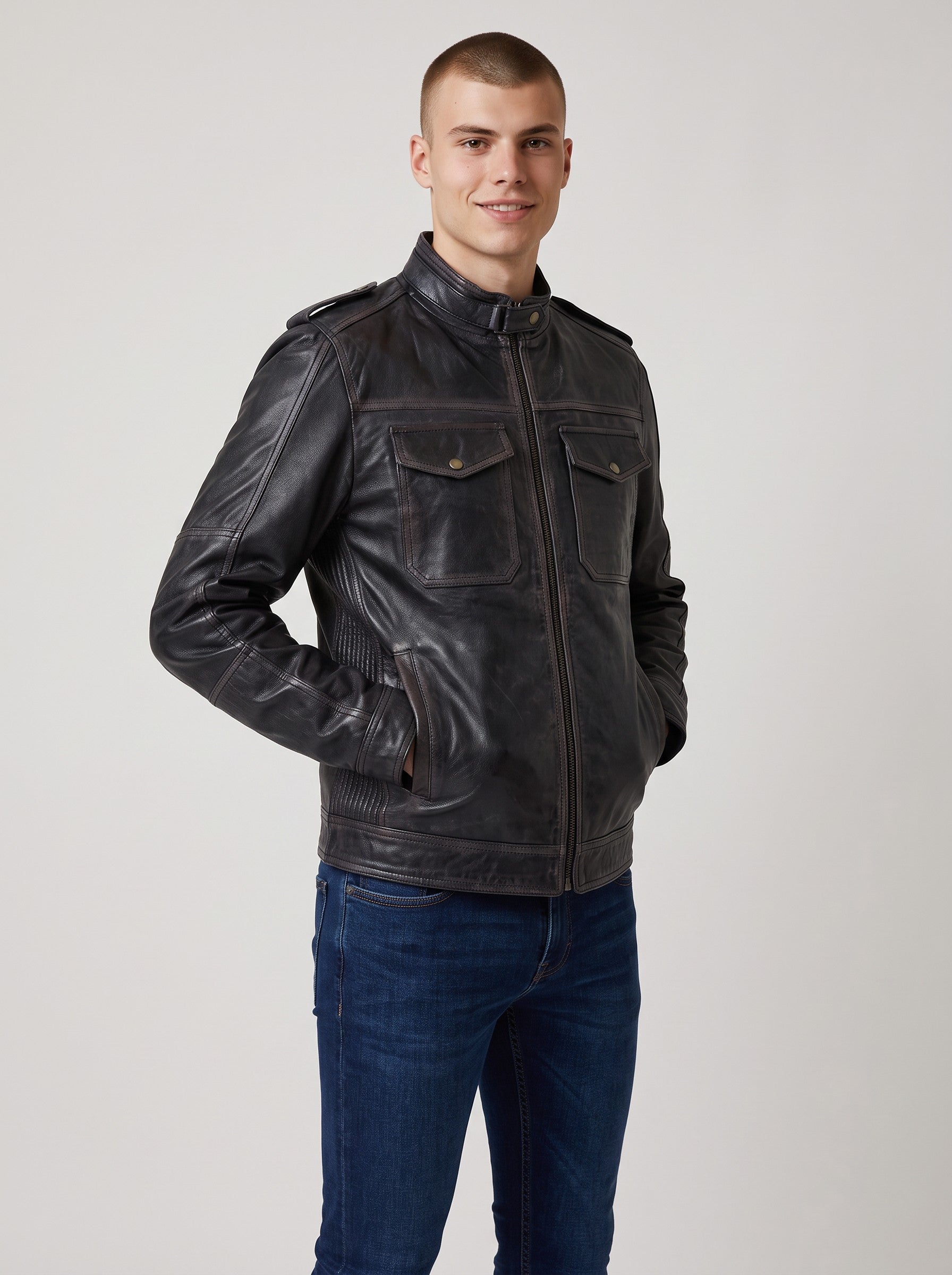 Men's Hand-Waxed Sheep Leather Utility Biker Jacket - image 3
