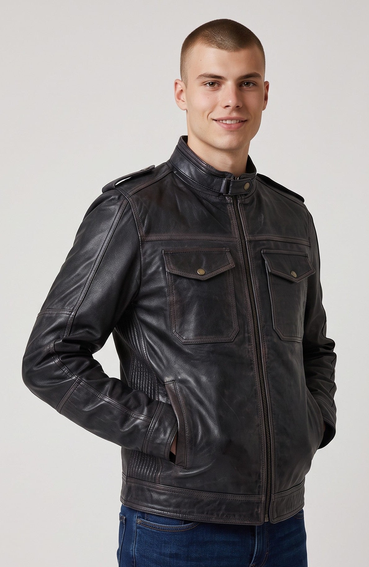Men's Hand-Waxed Sheep Leather Utility Biker Jacket - image 3
